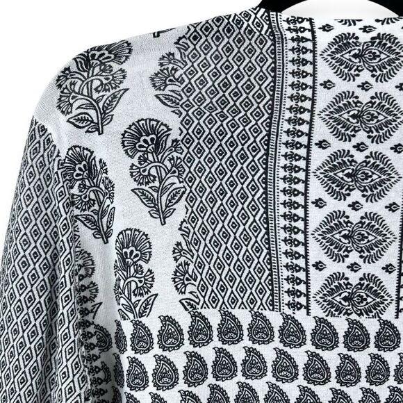Chicos Black And White Printed Ruched-Sleeve Cardigan 2 Large Womens Lightweight - Picture 8 of 12